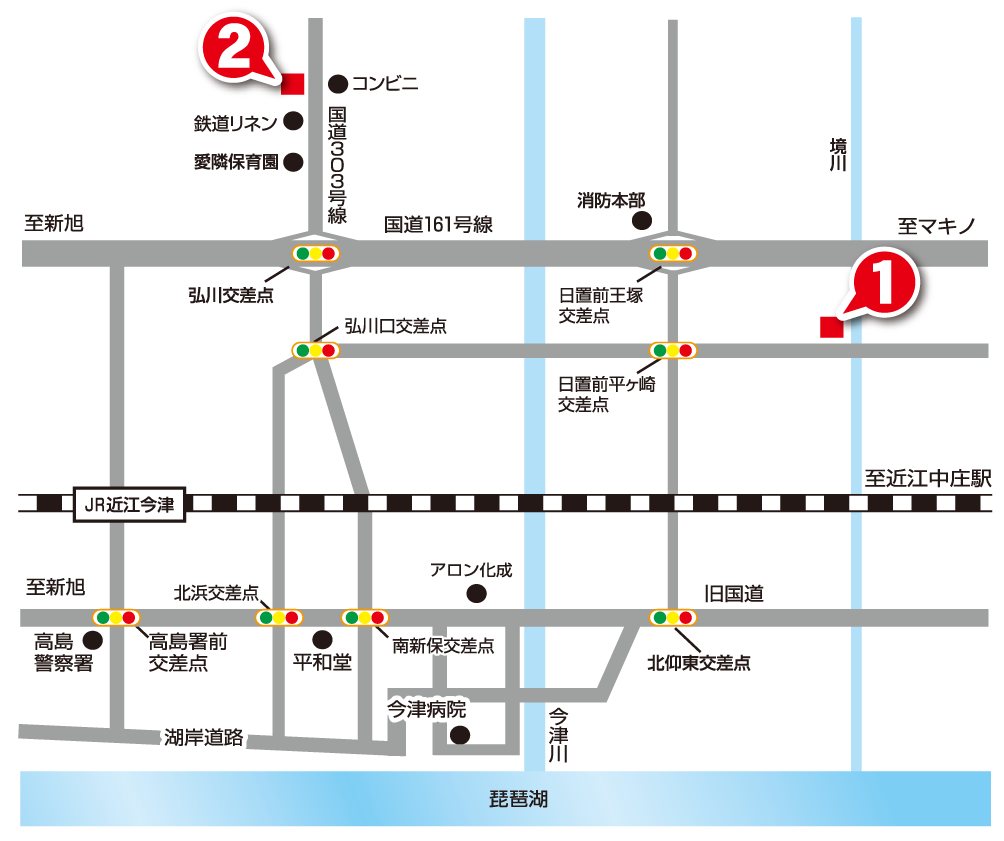 ○○○と○○○の場所を示した地図。○○○は国道161号線沿い、境川の西側で日置前平崎交差点付近。○○○は国道303号線沿い、弘川口交差点の北側で鉄道リネン・愛隣保育園の近く。