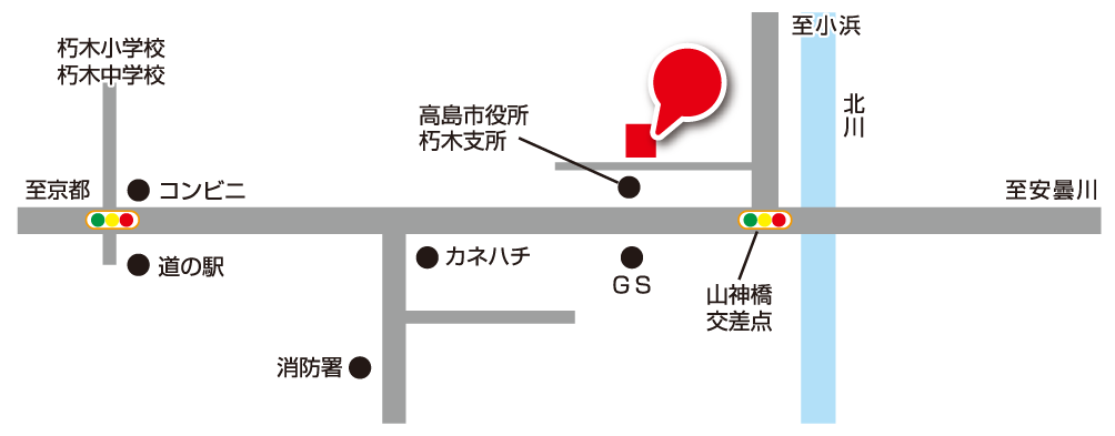 ○○○の場所を示した地図。山神橋交差点の北西にあり、高島市役所朽木支所のすぐ北側。付近には北川が流れています。