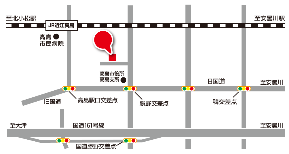 ○○○の場所を示した地図。JR近江高島駅の南東側、旧国道の勝野交差点付近で、高島市役所高島支所の近く。