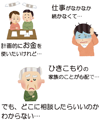計画的にお金を使いたいけれど…、仕事がなかなか続かなくて…、ひきこもりの家族のことが心配で…、でも、どこに相談したらいいのかわからない…